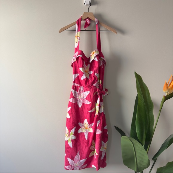 Vintage Bernie Dexter 100% Cotton Floral Pink Halter Dress Lilly Print Lillies - Picture 2 of 9
